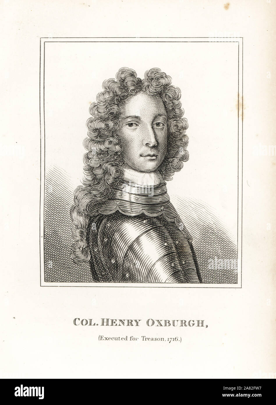 Colonel Henry Oxburgh, rebel supporter executed for treason at Tyburn, 1716. Engraving by R. Grave from James Caulfield's Portraits, Memoirs and Characters of Remarkable Persons, London, 1819. Stock Photo