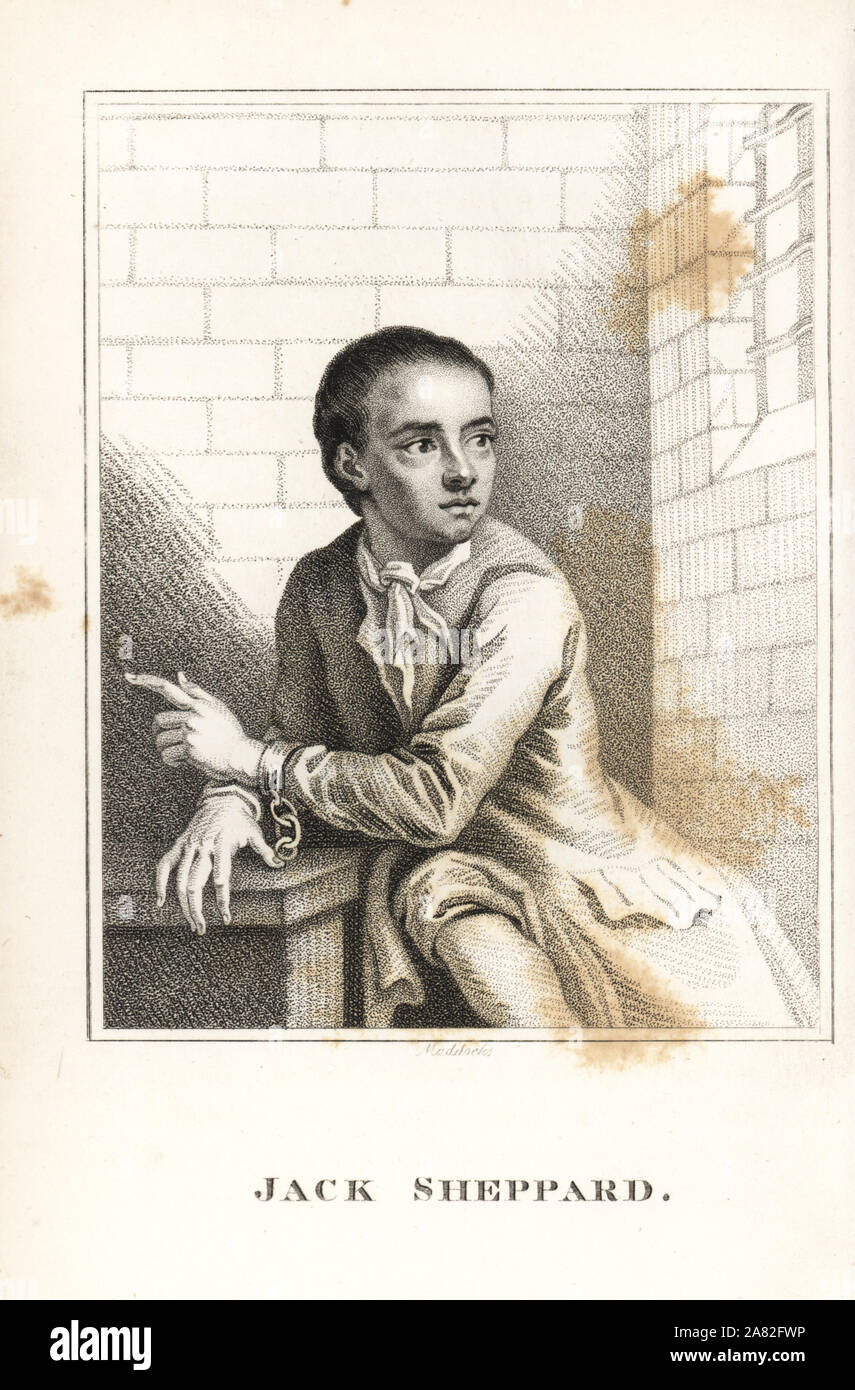 Jack Sheppard, notorious English thief and gaol-breaker, hanged at Tyburn, 1724. Engraving by R. Grave from James Caulfield's Portraits, Memoirs and Characters of Remarkable Persons, London, 1819. Stock Photo