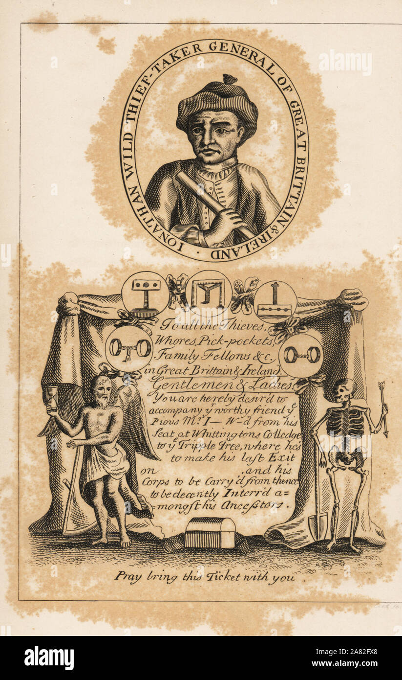 Gallows ticket for the hanging of Jonathan Wild, Thief-Taker General, 18th century London underworld figure. Engraving from James Caulfield's Portraits, Memoirs and Characters of Remarkable Persons, London, 1819. Stock Photo