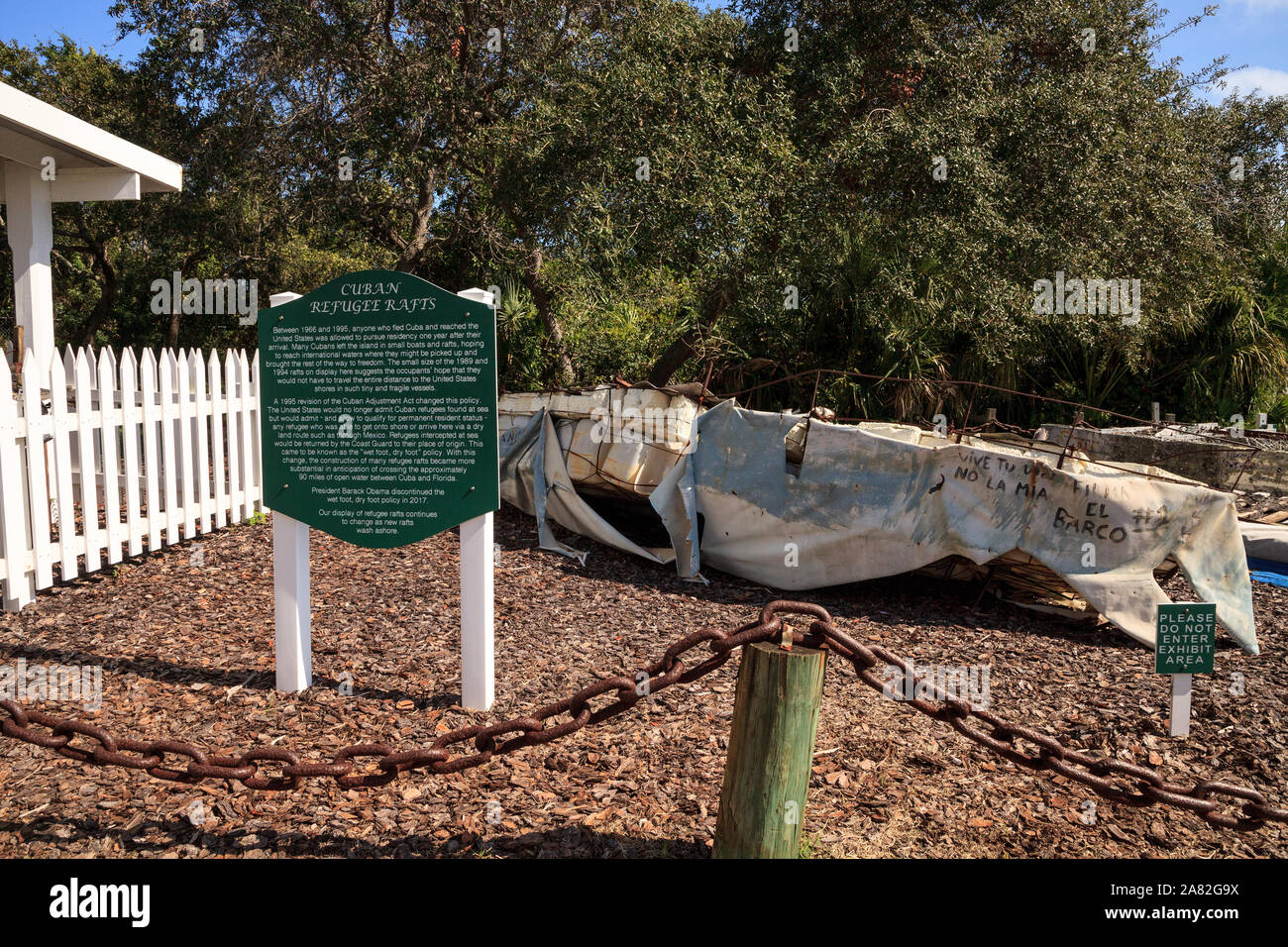 Ponce Inlet, Florida, USA – November 2, 2019: Cuban rafts displayed at the Museum at the Ponce de Leon Inlet Lighthouse and Museum in Ponce Inlet near Stock Photo