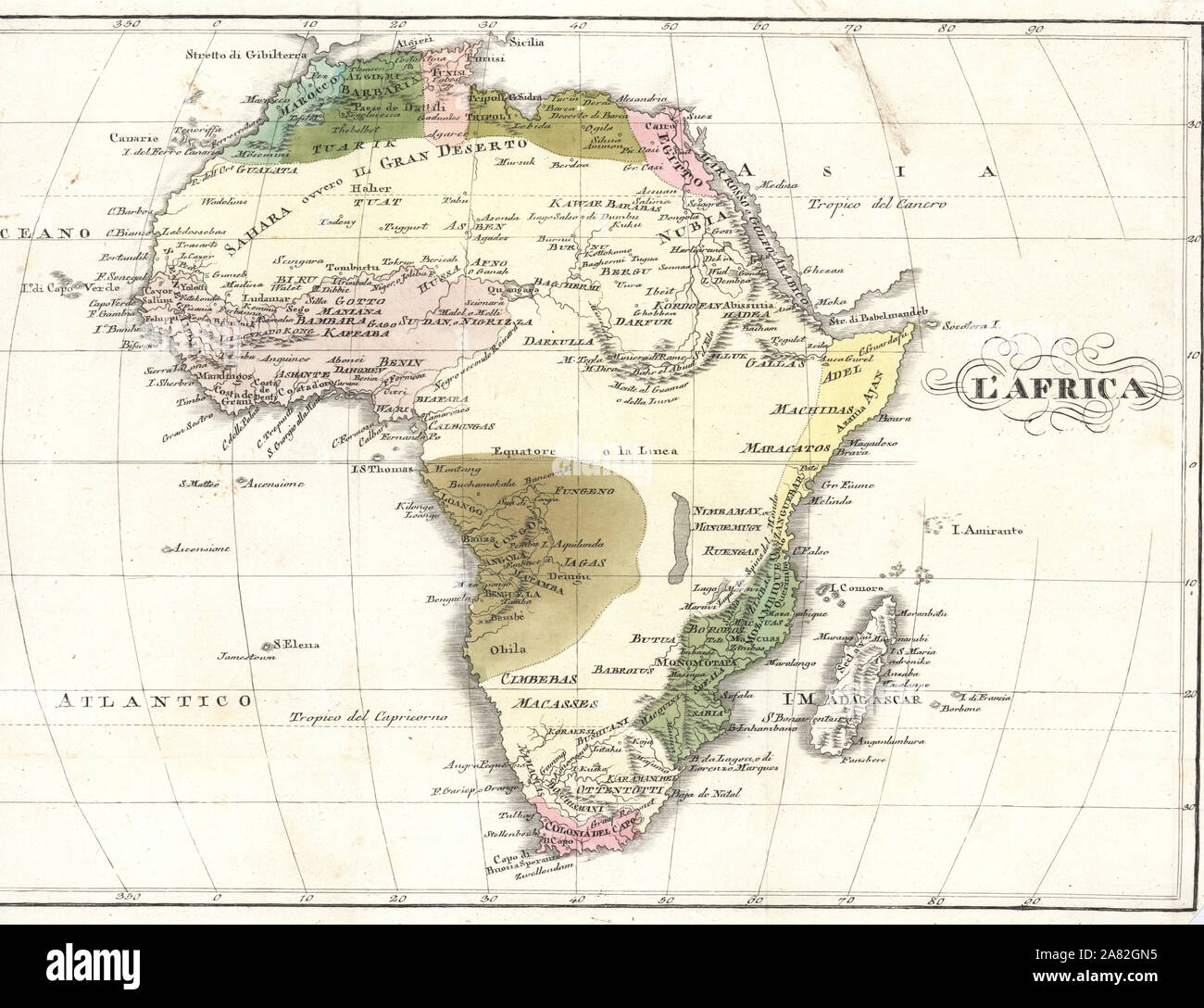 Map of Africa, circa 1820. Handcoloured copperplate engraving from Giulio Ferrrario's Costumes Antique and Modern of All Peoples (Il Costume Antico e Moderno di Tutti i Popoli), Florence, 1842. Stock Photo