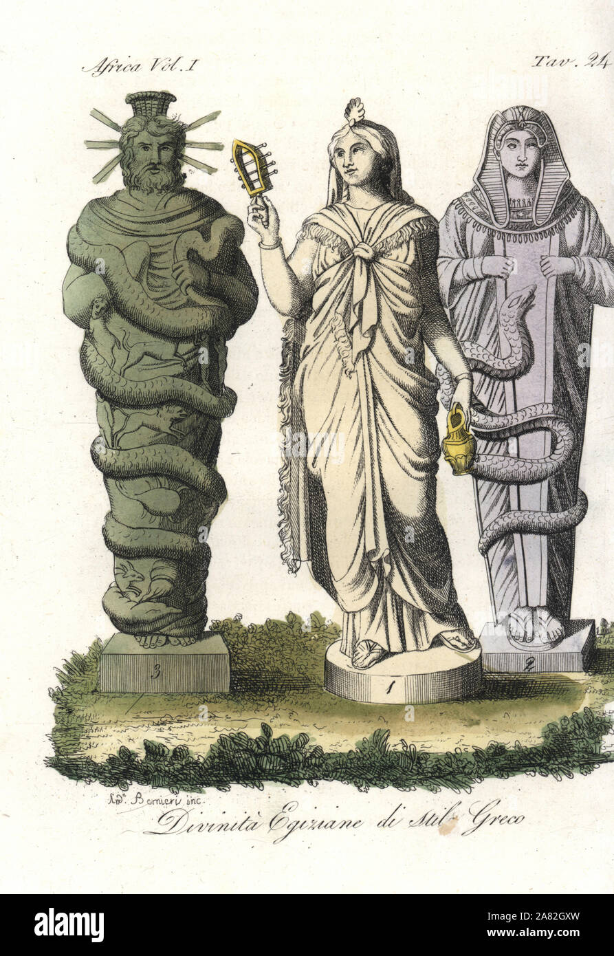 Egyptian gods in the Graeco-Roman style: Isis from a Greek temple 1, Isis with snake from a Roman temple, and Serapis with snake from a Greek temple 3. Handcoloured copperplate engraving by Andrea Bernieri from Giulio Ferrrario's Costumes Antique and Modern of All Peoples (Il Costume Antico e Moderno di Tutti i Popoli), Florence, 1843. Stock Photo