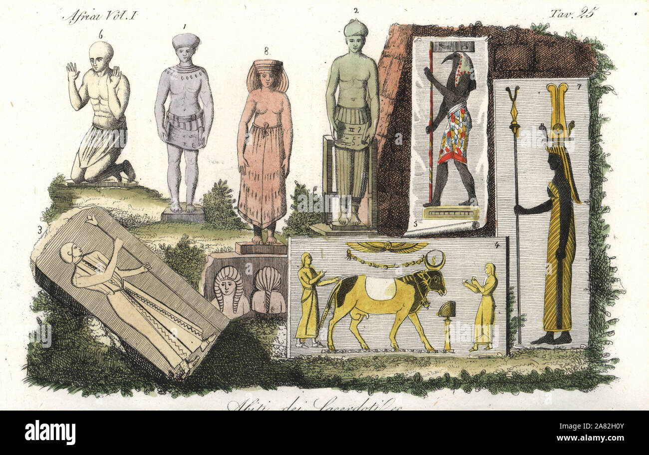 Costumes and vestments of the Egyptian priests. Handcoloured copperplate engraving by Andrea Bernieri from Giulio Ferrrario's Costumes Antique and Modern of All Peoples (Il Costume Antico e Moderno di Tutti i Popoli), Florence, 1843. Stock Photo