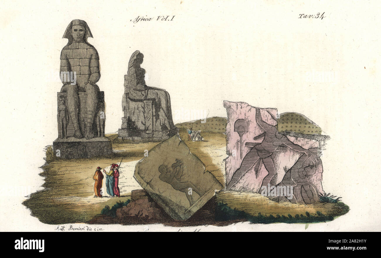Egyptian architecture: bas-relief from the temples of Dendera (Tentyra) and Karnak, Luxor, and the colossi of Memnon, statues of Pharaoh Amenhotep III. Handcoloured copperplate engraving by Andrea Bernieri from Giulio Ferrrario's Costumes Antique and Modern of All Peoples (Il Costume Antico e Moderno di Tutti i Popoli), Florence, 1843. Stock Photo