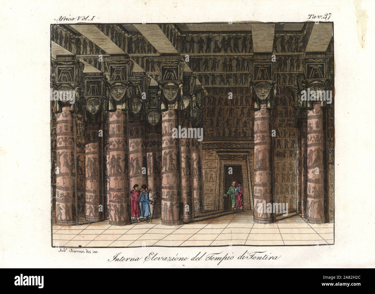 Interior of the Temple of Hathor, at Dendera (Tentyra), with columns of carved and painted hieroglyphs. Handcoloured copperplate engraving by Andrea Bernieri from Giulio Ferrrario's Costumes Antique and Modern of All Peoples (Il Costume Antico e Moderno di Tutti i Popoli), Florence, 1843. Stock Photo