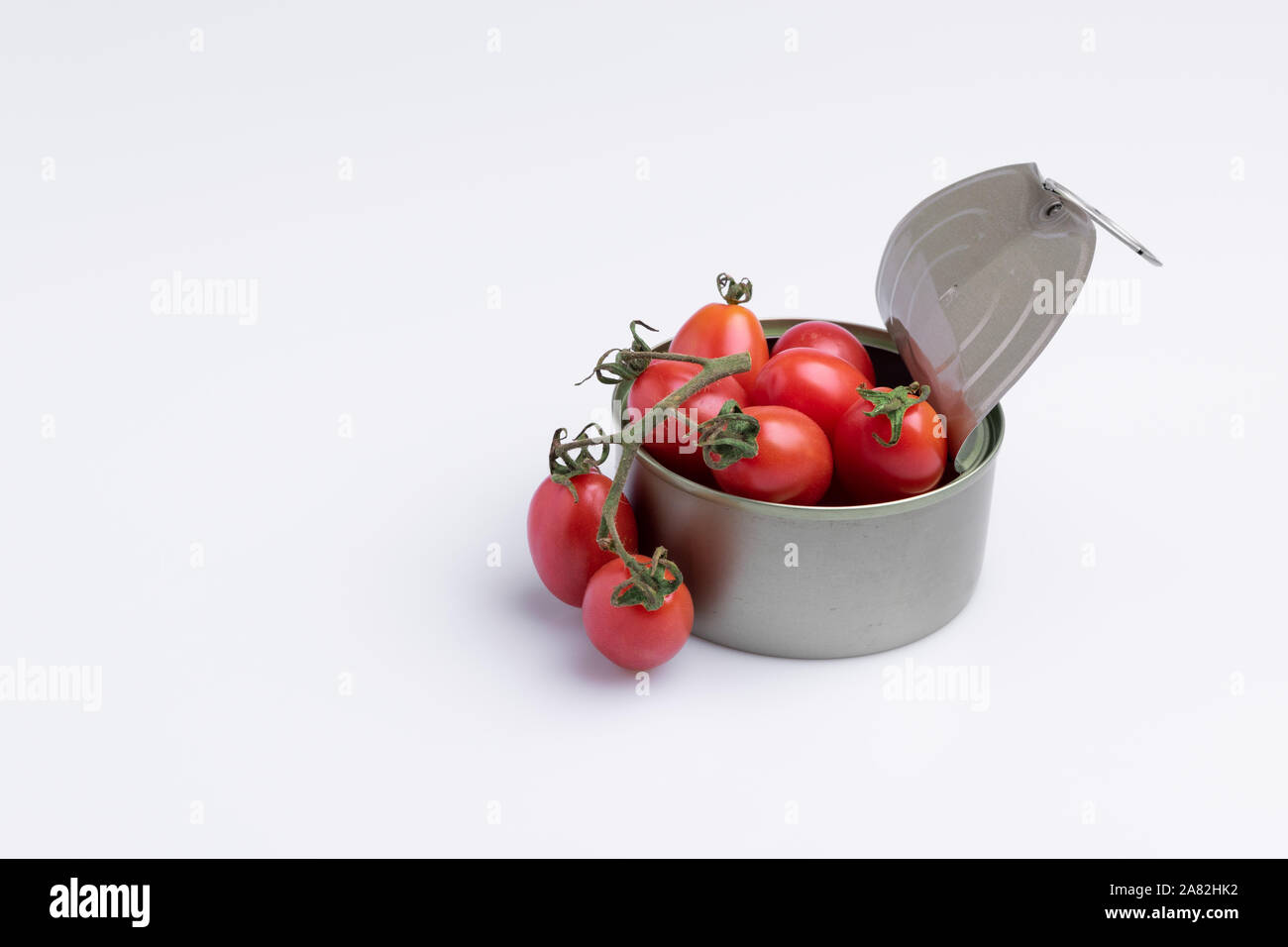 Tin of chopped canned tomatoes with whole fresh tomatoes, isolated on white background, soft light Stock Photo