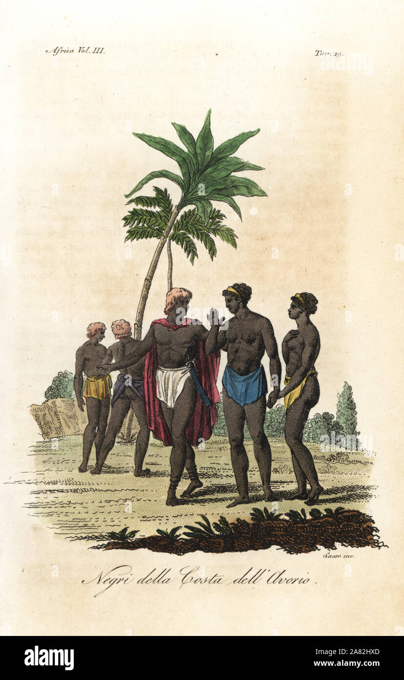 Natives of the Ivory Coast, Africa. Men in loinclothes with hair dyed red and dressed with palm oil, and a noble in cloak. Handcoloured copperplate engraving by Antonio Sasso from Giulio Ferrario's Ancient and Modern Costumes of all the Peoples of the World, Florence, Italy, 1843. Stock Photo