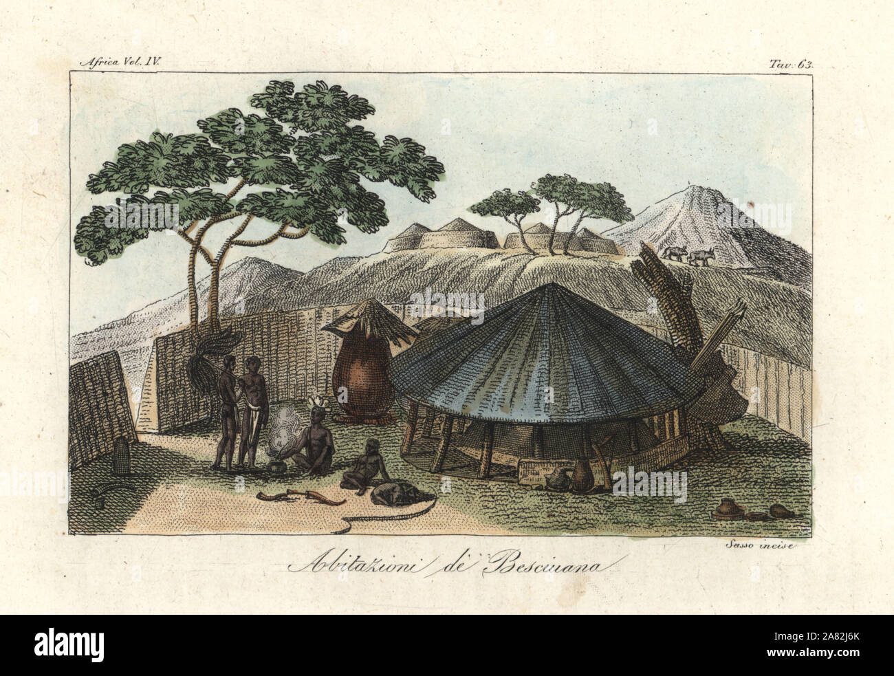 Village of the Tswana or Batswana (Bechuana), South Africa. Circular hut, kraal, reed fence and cattle. Handcoloured copperplate engraving by Antonio Sasso from Giulio Ferrario's Ancient and Modern Costumes of all the Peoples of the World, Florence, Italy, 1843. Stock Photo