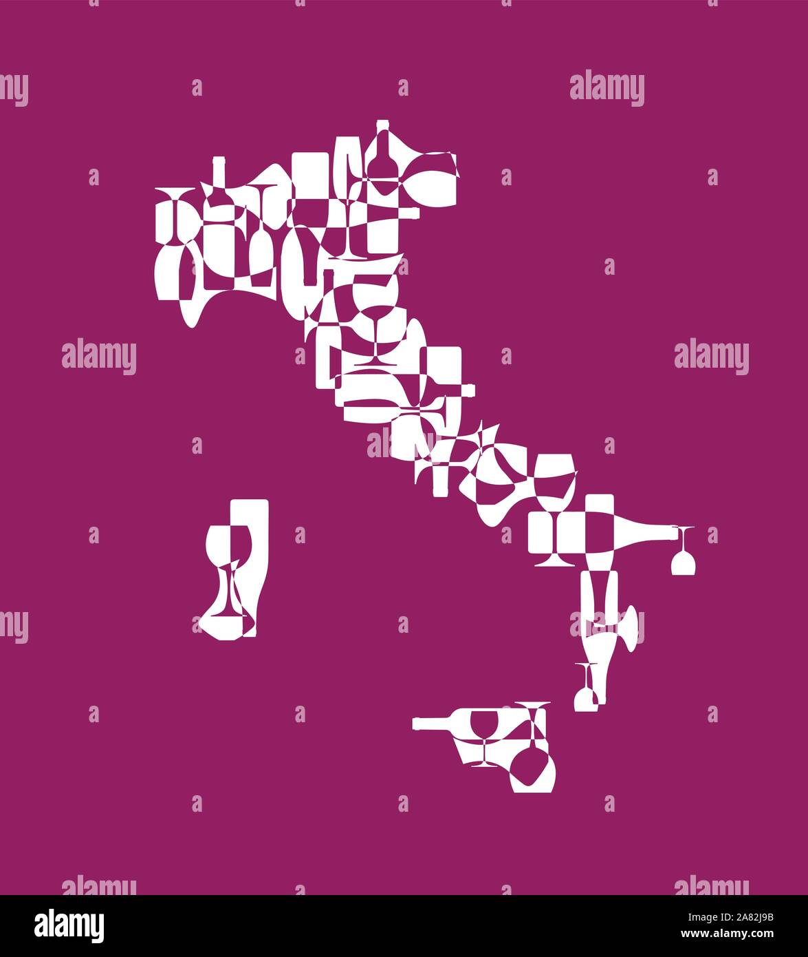 Countries winemakers - stylized maps from silhouettes of wine bottles, glasses and decanters. Map of Italy. Stock Vector