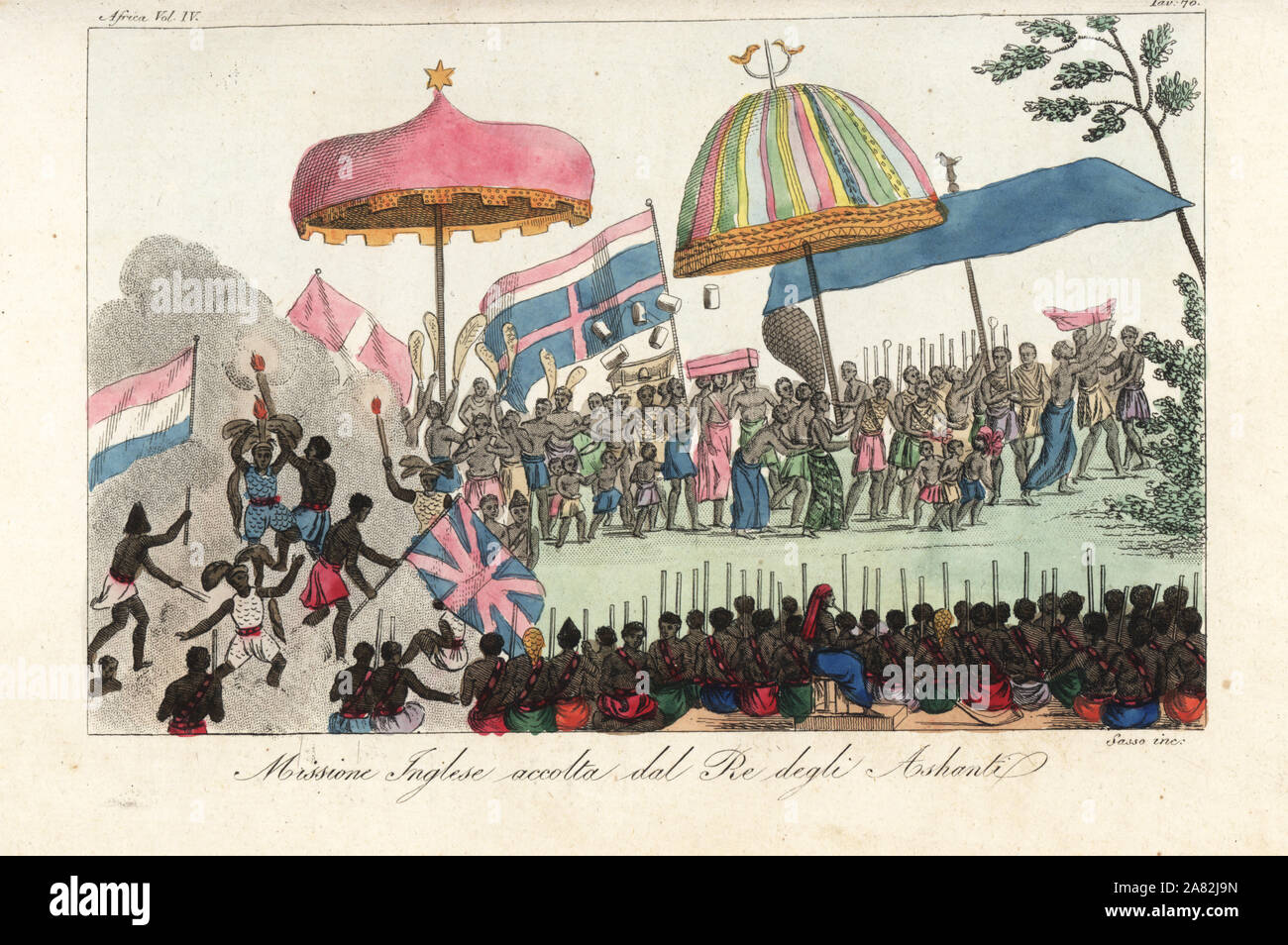 The King of the Ashanti (Ghana) welcomes an English mission led by Thomas Bowdich, 1817. Drummers and dancers with torches perform in front of nobles under parasols and flags. Handcoloured copperplate engraving by Antonio Sasso from Giulio Ferrario's Ancient and Modern Costumes of all the Peoples of the World, Florence, Italy, 1843. Stock Photo