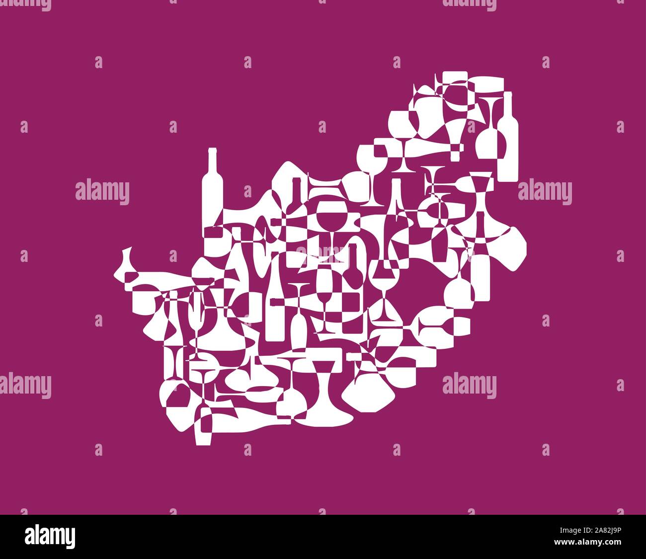 Countries winemakers - stylized maps from silhouettes of wine bottles, glasses and decanters. Map of South Africa. Stock Vector