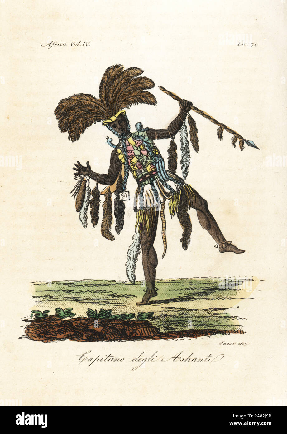 Captain of the Ashanti in war dress of feathers, medals and animal tails, Ghana. From Thomas Bowdich's account of his travels to the Kingdom of Ashanti, 1817. Handcoloured copperplate engraving by Antonio Sasso from Giulio Ferrario's Ancient and Modern Costumes of all the Peoples of the World, Florence, Italy, 1843. Stock Photo
