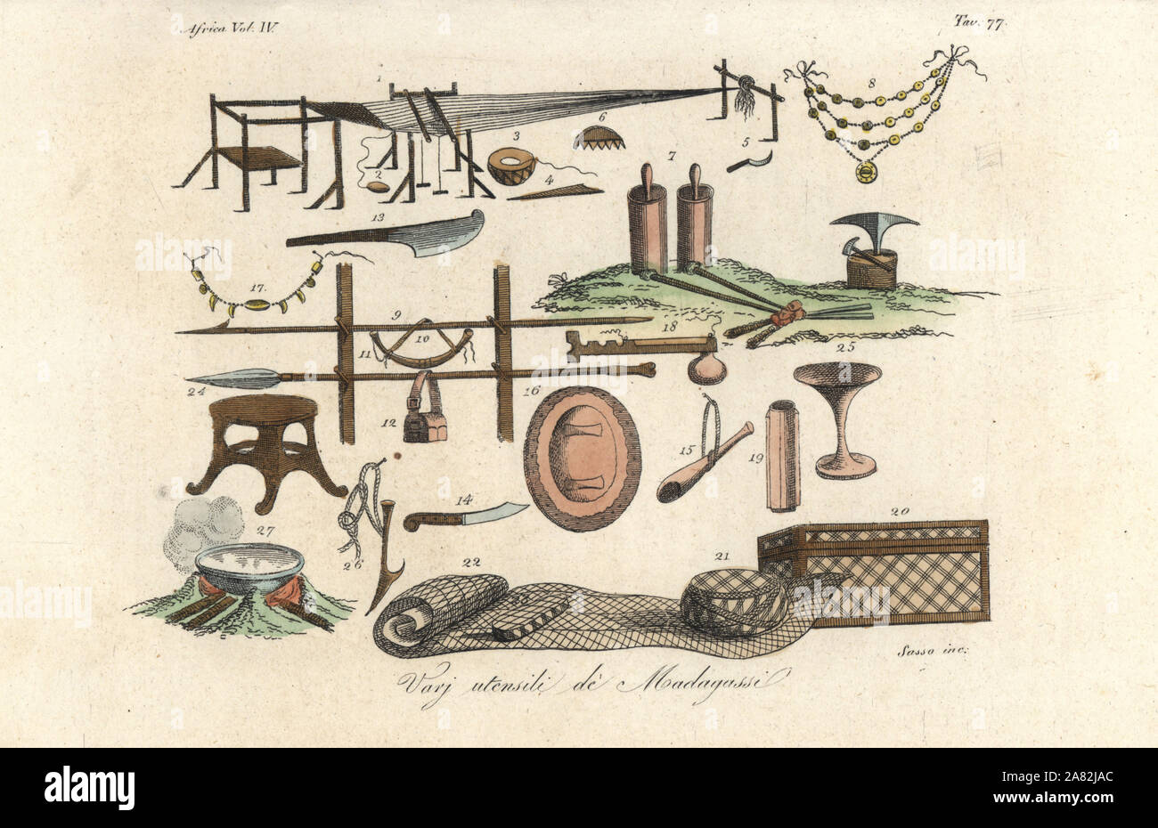 Utensils and tools of the Malagasy people of Madagascar. Handcoloured copperplate engraving by Antonio Sasso from Giulio Ferrario's Ancient and Modern Costumes of all the Peoples of the World, Florence, Italy, 1843. Stock Photo
