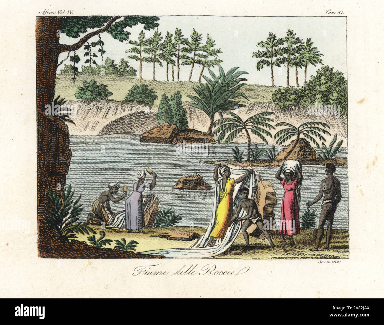 Women beating clothes and washing and drying fabric on rocks in a river