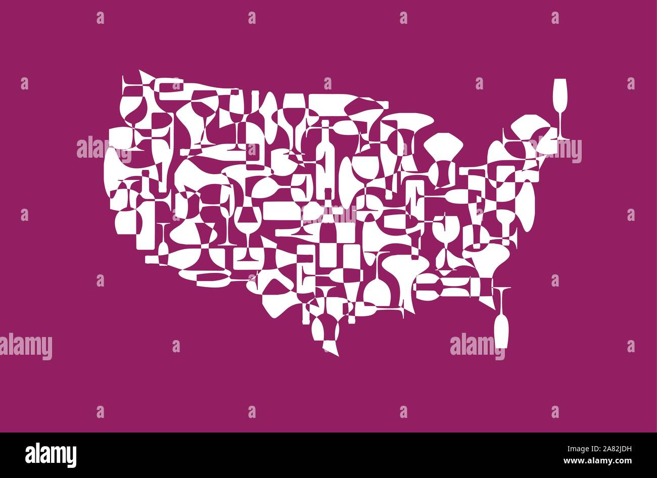 Countries winemakers - stylized maps from silhouettes of wine bottles, glasses and decanters. Map of United States. Stock Vector