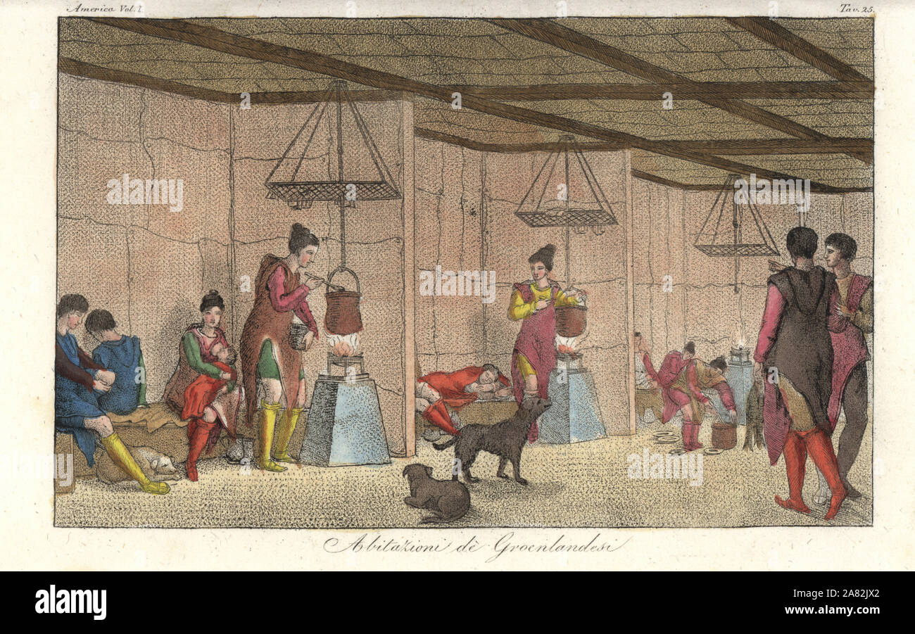 Interior of a communal Inuit house in Greenland, with families cooking ...