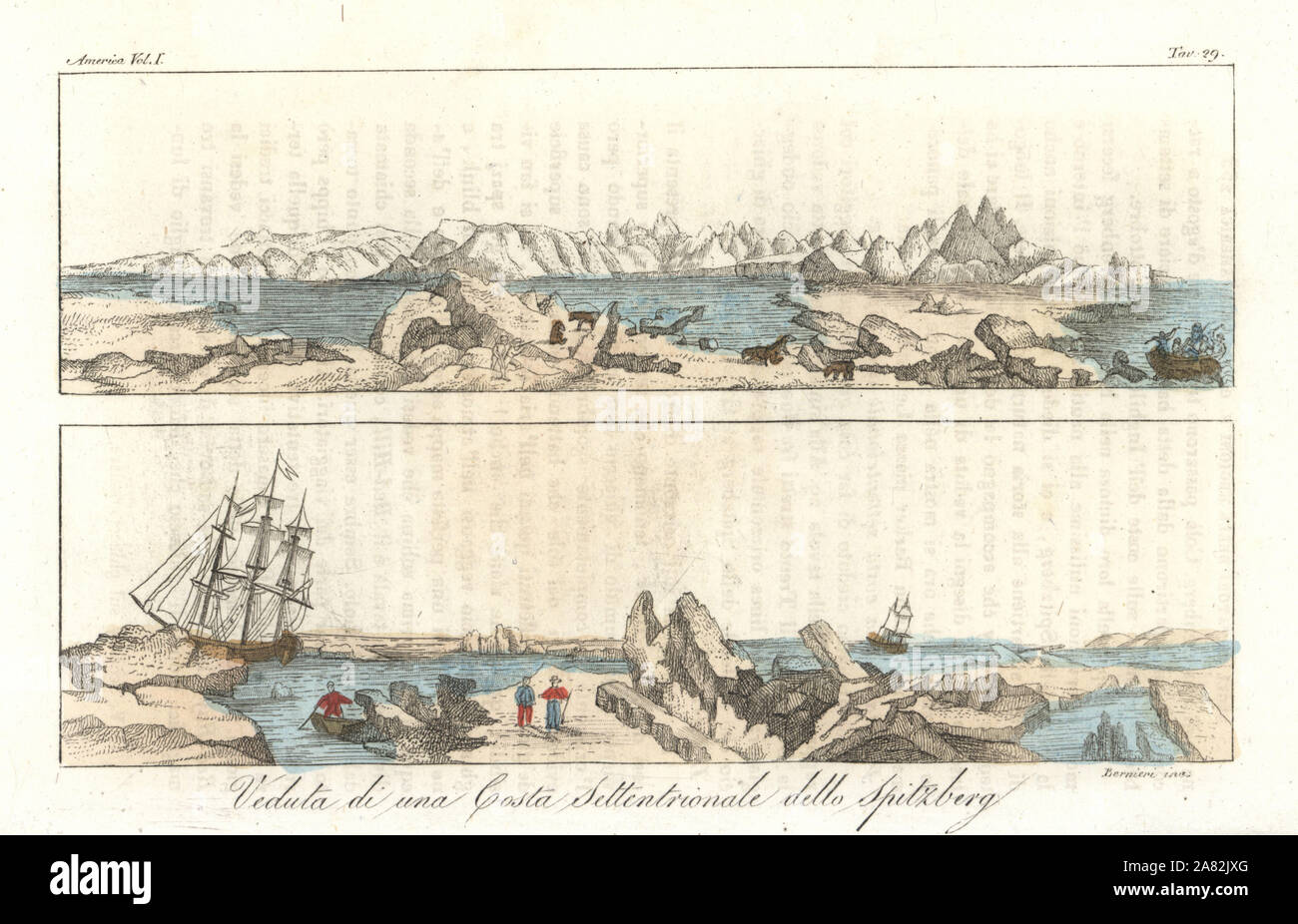 View of the north coast of Spitsbergen island, Norway, early 19th century. Handcoloured copperplate engraving by Bernieri from Giulio Ferrario's Ancient and Modern Costumes of all the Peoples of the World, Florence, Italy, 1837. Stock Photo