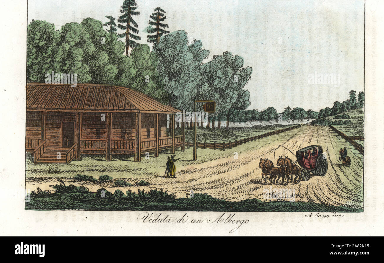 View of a hotel in Philadelphia, Pennsylvania, 18th century. Handcoloured copperplate engraving by Sasso from Giulio Ferrario's Ancient and Modern Costumes of all the Peoples of the World, Florence, Italy, 1837. Stock Photo