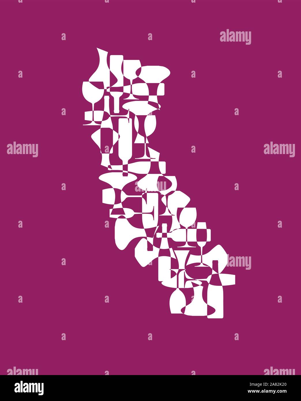 States winemakers - stylized maps from silhouettes of wine bottles, glasses and decanters. Map of California. Stock Vector