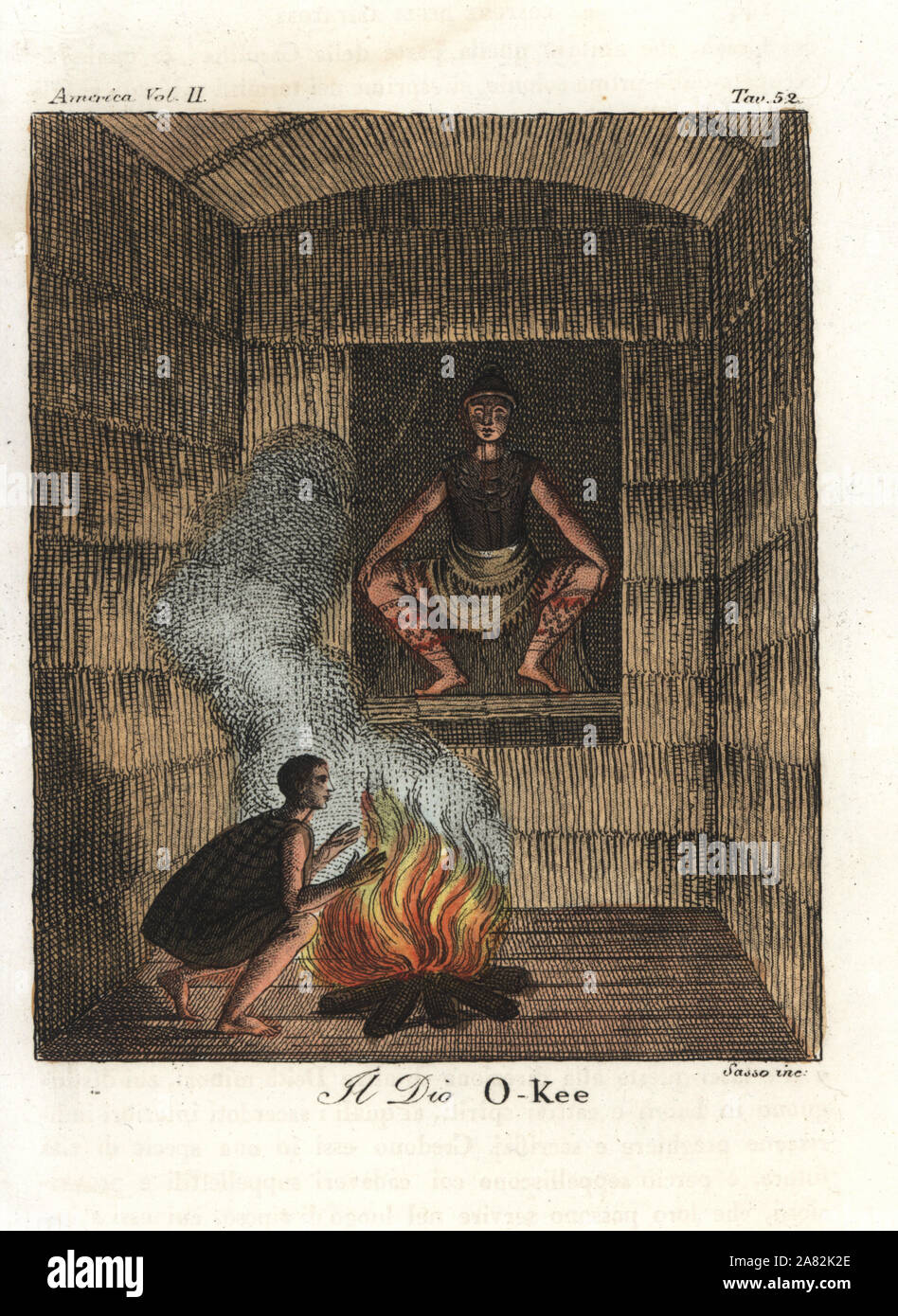 Native American making an offering at a shrine to the Powhatan god Okeus (Okee) in Virginia. Handcoloured copperplate engraving by Sasso from Giulio Ferrario's Ancient and Modern Costumes of all the Peoples of the World, Florence, Italy, 1837. Stock Photo