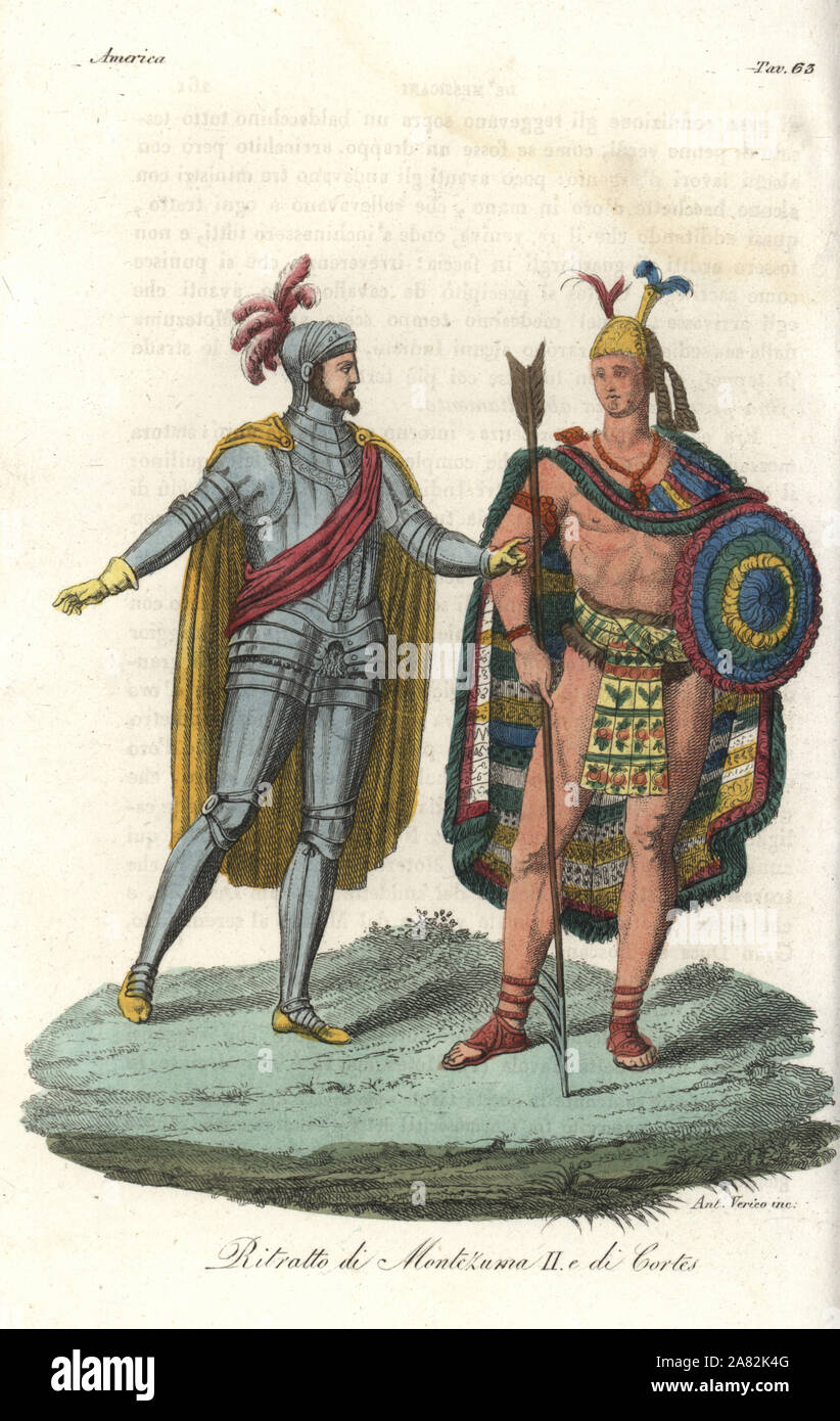 Portrait of Moctezuma II and Hernan Cortes. Cortes in a suit of plate armor with cloak and sash, Moctezuma in Maxtlat belt and Tilmatli cloak with helmet, shield and spear. Handcoloured copperplate engraving by Ant. Verico from Giulio Ferrario's Ancient and Modern Costumes of all the Peoples of the World, Florence, Italy, 1843. Stock Photo