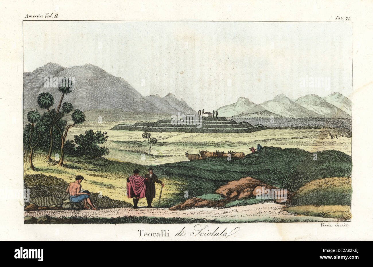 View of the Great Pyramid of Cholula or Tlachihualtepetl of the Aztecs, Mexico. Handcoloured copperplate engraving by Verico from Giulio Ferrario's Ancient and Modern Costumes of all the Peoples of the World, Florence, Italy, 1843. Stock Photo
