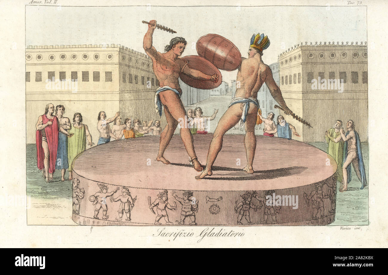Gladiator sacrifice to the Aztec god Xipe Totec or Tlatlauhca, Mexico. An Aztec warrior with sword and shield fights a captured enemy on a raised stage before an audience. Handcoloured copperplate engraving by Verico from Giulio Ferrario's Ancient and Modern Costumes of all the Peoples of the World, Florence, Italy, 1843. Stock Photo