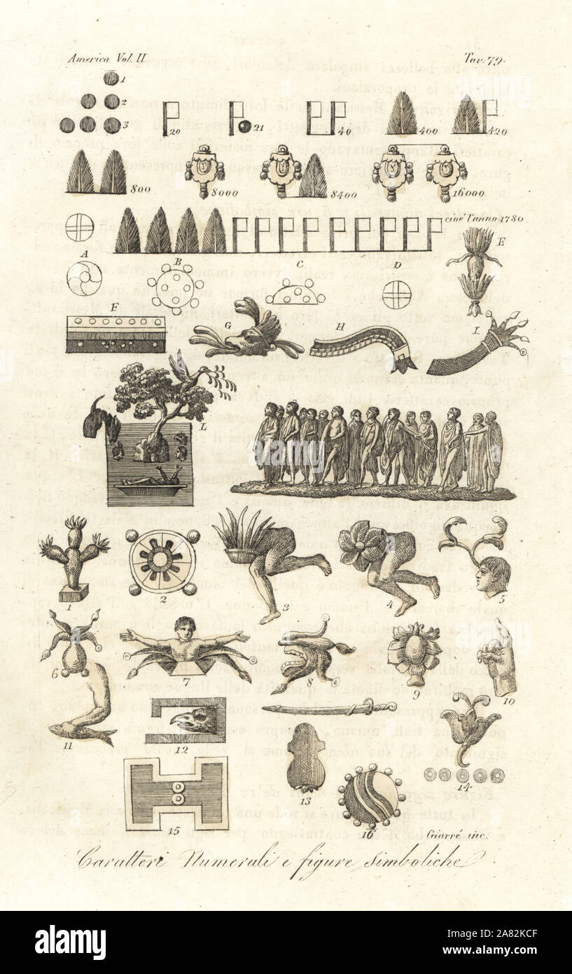 Symbolic characters, numerals and figures of the Aztecs, Mexico. Number hieroglyphs, and symbols for day A, night B, midnight C, year D, century E, sky F, air G, earth H, water I, and flood L. Handcoloured copperplate engraving by Luigi Giarre from Giulio Ferrario's Ancient and Modern Costumes of all the Peoples of the World, Florence, Italy, 1843. Stock Photo