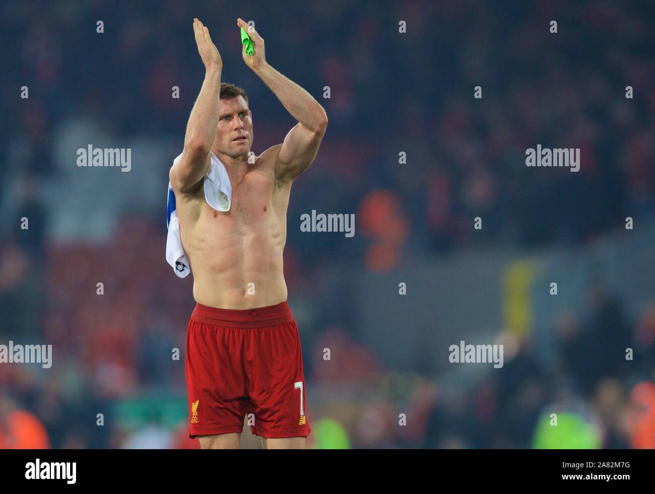 Liverpool. 6th Nov, 2019. Liverpool's James Milner applauds the supporters after the UEFA Champions League Group E match soccer between Liverpool FC and KRC Genk at Anfield in Liverpool, Britain on Nov. 5, 2019. Credit: Xinhua/Alamy Live News Stock Photo