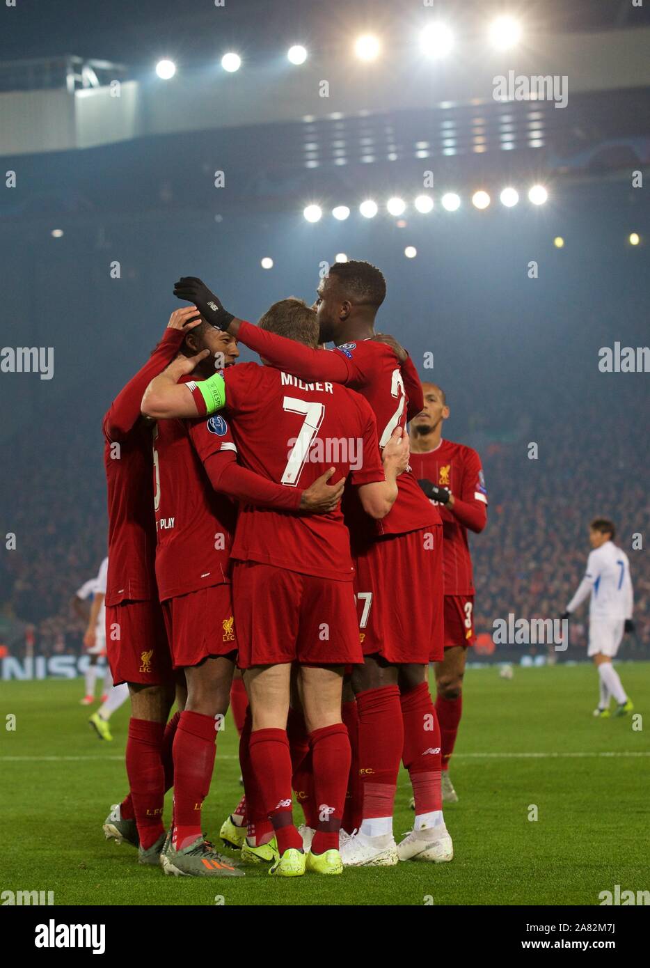 Liverpool. 6th Nov, 2019. Liverpool's players celebrate during the UEFA Champions League Group E match soccer between Liverpool FC and KRC Genk at Anfield in Liverpool, Britain on Nov. 5, 2019. Credit: Xinhua/Alamy Live News Stock Photo
