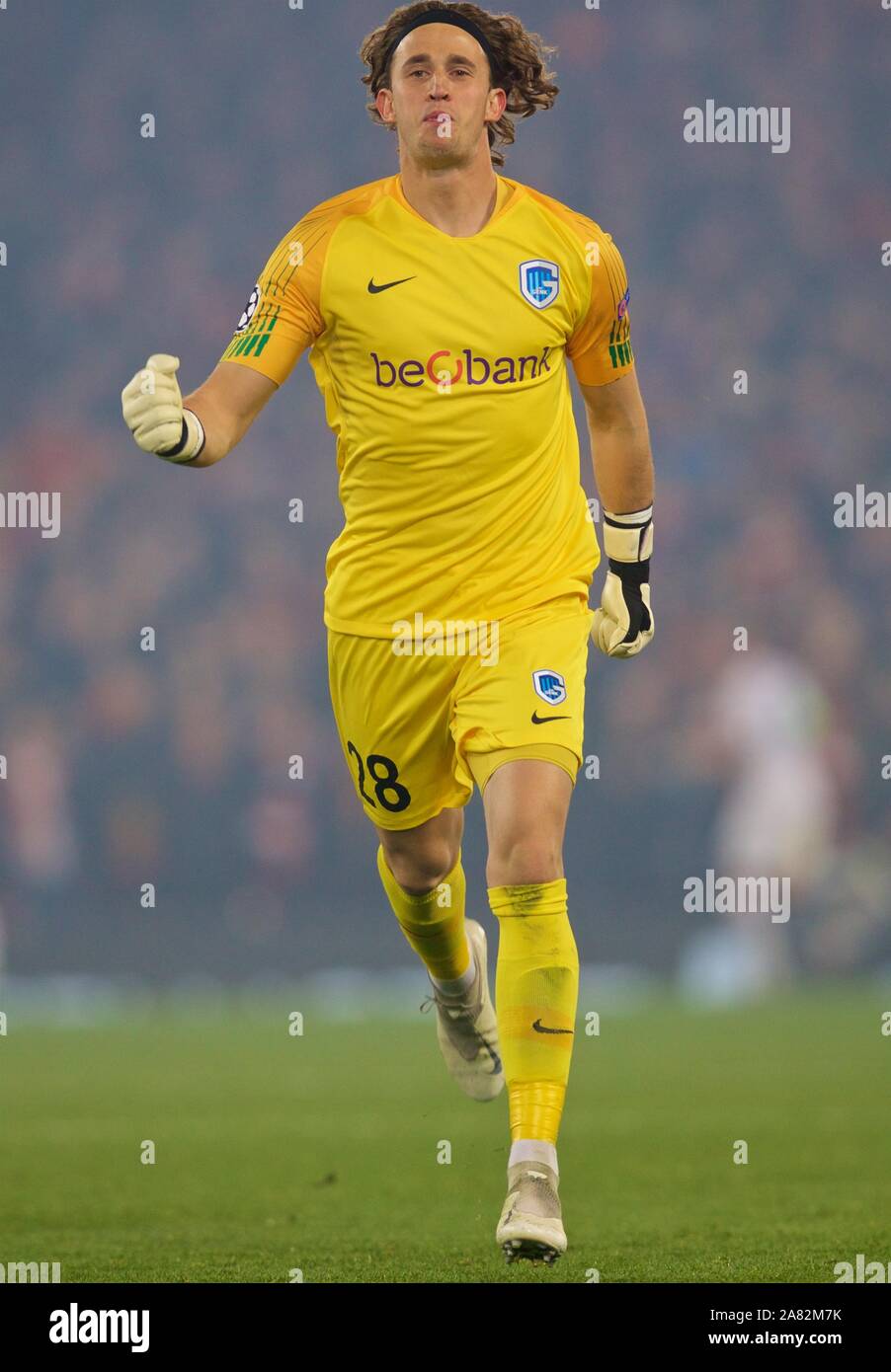 Liverpool. 6th Nov, 2019. Genk's goalkeeper Gaetan Coucke celebrates his side's equalising goal during the UEFA Champions League Group E match soccer between Liverpool FC and KRC Genk at Anfield in Liverpool, Britain on Nov. 5, 2019. Credit: Xinhua/Alamy Live News Stock Photo