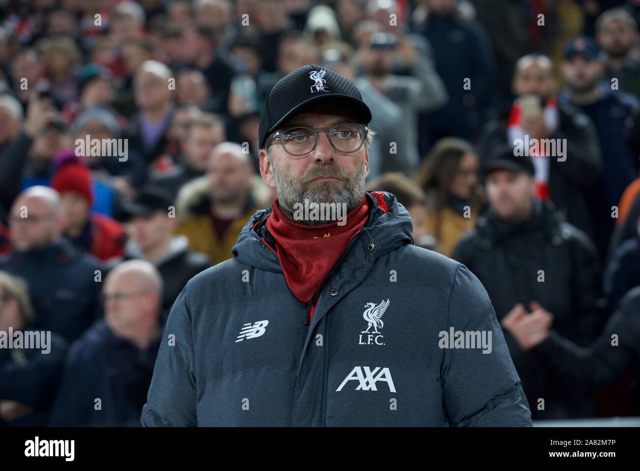 Liverpool. 6th Nov, 2019. Liverpool's manager Jurgen Klopp is seen before the UEFA Champions League Group E match soccer between Liverpool FC and KRC Genk at Anfield in Liverpool, Britain on Nov. 5, 2019. Credit: Xinhua/Alamy Live News Stock Photo
