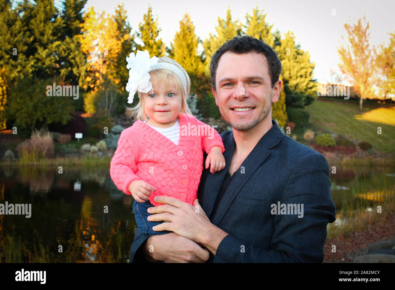 Happy Family portrait, Father with  girls, happy Father’s Day, best father Stock Photo