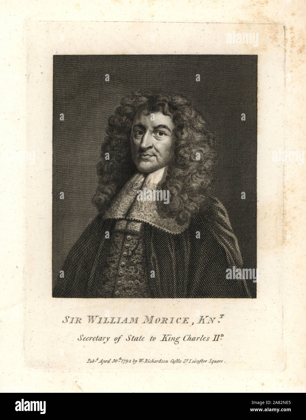 Sir William Morice, Secretary of State to King Charles II of England. Copperplate engraving from William Richardson's Portraits Illustrating Granger's Biographical History of England, London, 1792–1812. James Granger (1723–1776) was an English clergyman, biographer, and print collector. Stock Photo