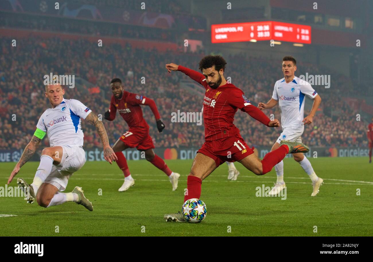 Liverpool. 6th Nov, 2019. Liverpool's Mohamed Salah (2nd R) shoots during the UEFA Champions League Group E match soccer between Liverpool FC and KRC Genk at Anfield in Liverpool, Britain on Nov. 5, 2019. Credit: Xinhua/Alamy Live News Stock Photo