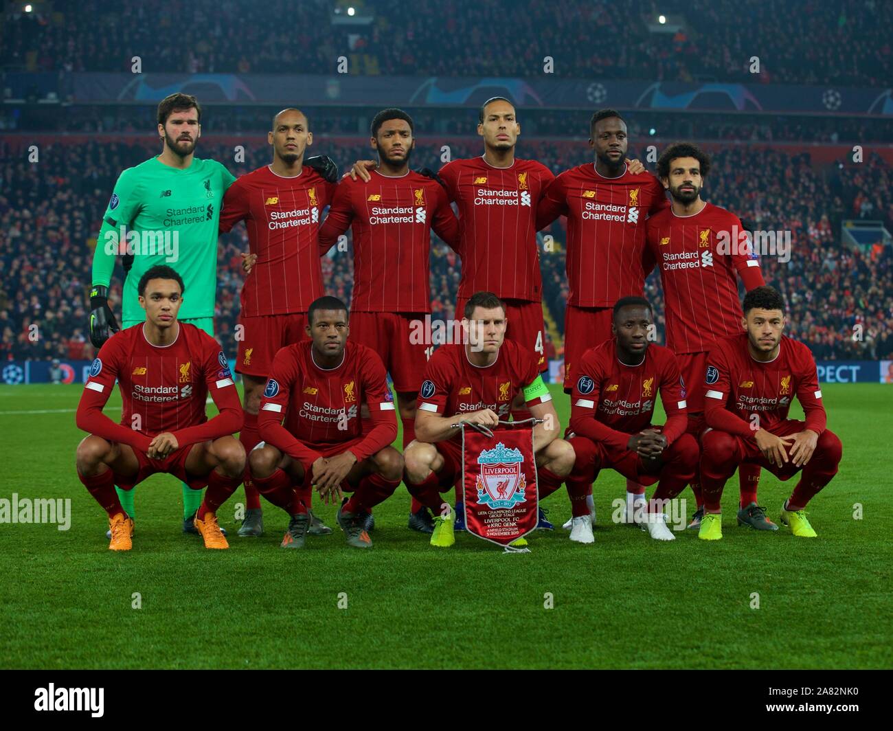 Liverpool. 6th Nov, 2019. Liverpool's players line-up for a team group photograph before the UEFA Champions League Group E match soccer between Liverpool FC and KRC Genk at Anfield in Liverpool, Britain on Nov. 5, 2019. Credit: Xinhua/Alamy Live News Stock Photo