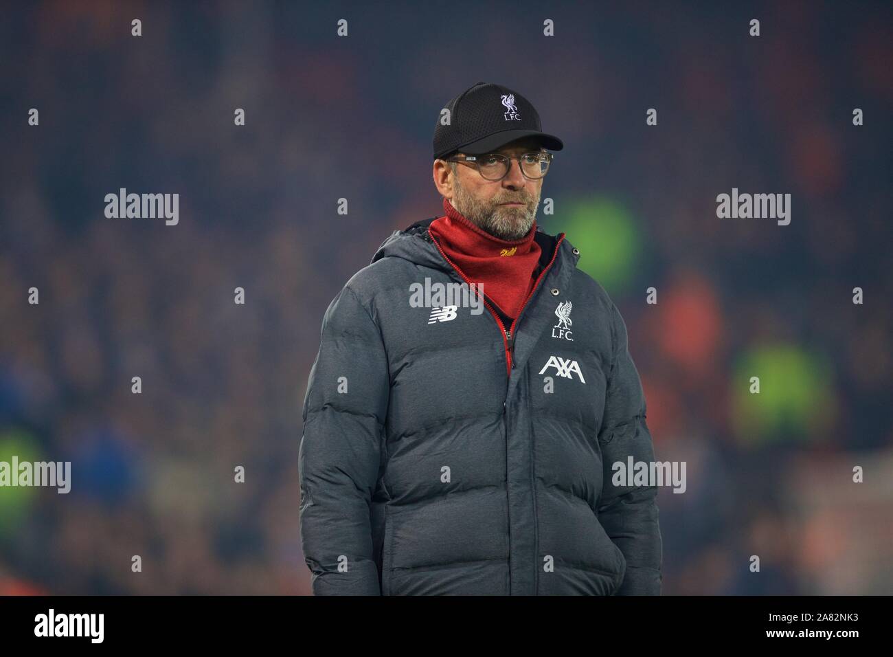 Liverpool. 6th Nov, 2019. Liverpool's manager Jurgen Klopp is seen before the UEFA Champions League Group E match soccer between Liverpool FC and KRC Genk at Anfield in Liverpool, Britain on Nov. 5, 2019. Credit: Xinhua/Alamy Live News Stock Photo