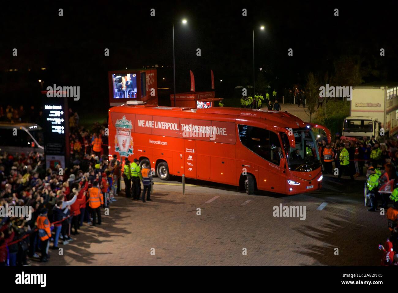Liverpool. 6th Nov, 2019. Liverpool's team bus arrives before the UEFA Champions League Group E match soccer between Liverpool FC and KRC Genk at Anfield in Liverpool, Britain on Nov. 5, 2019. Credit: Xinhua/Alamy Live News Stock Photo