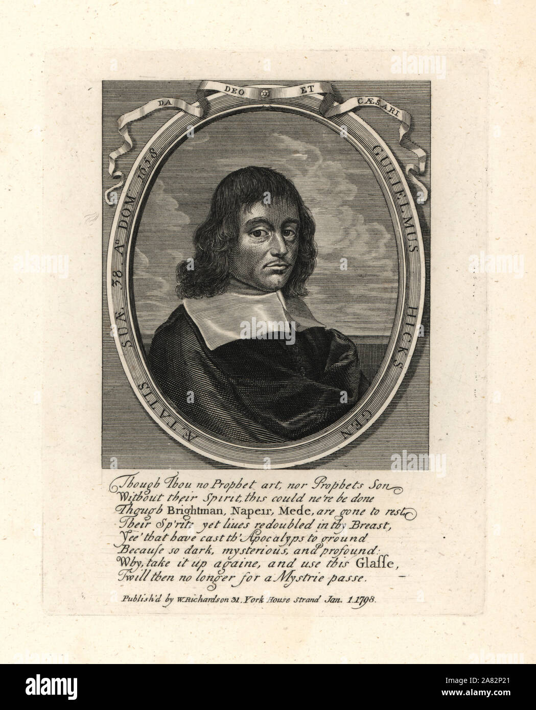 William Hicks, frontispiece to his The Revelation Revealed, Apokalypsis apokalypseos, 1658. Copperplate engraving from William Richardson's Portraits Illustrating Granger's Biographical History of England, London, 1792–1812. James Granger (1723–1776) was an English clergyman, biographer, and print collector. Stock Photo