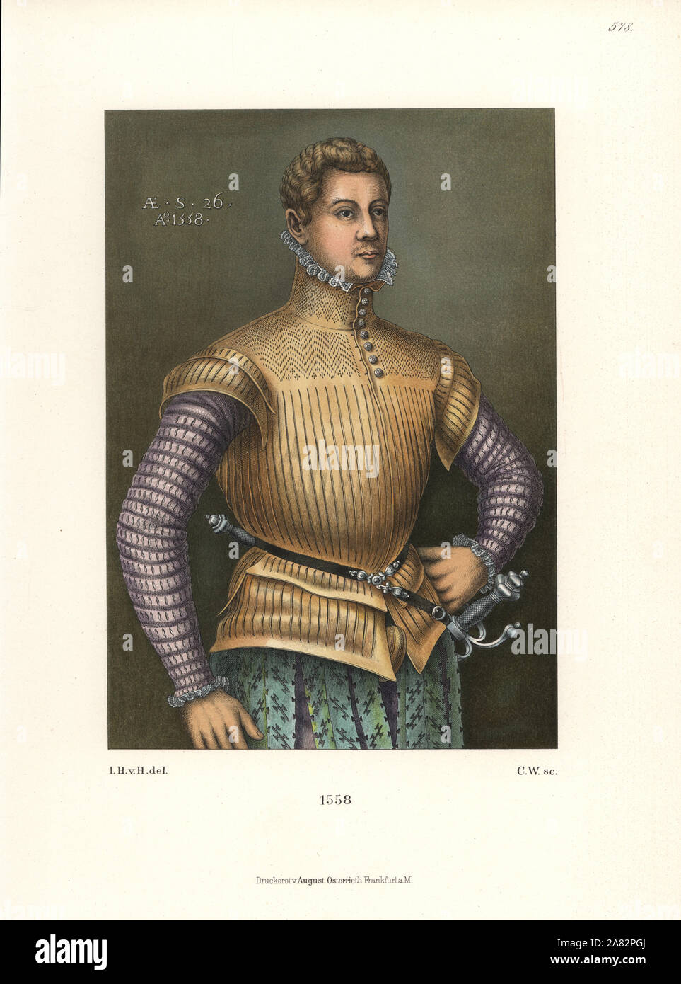Portrait of a young man after an oil painting in Hollenzollern Castle, Zigmaringen, 1558. The deer leather jacket, silk sleeves and trousers are decorated with fine slits and points. Chromolithograph from Hefner-Alteneck's Costumes, Artworks and Appliances from the Middle Ages to the 17th Century, Frankfurt, 1889. Illustration by Dr. Jakob Heinrich von Hefner-Alteneck, lithographed by C. W. Dr. Hefner-Alteneck (1811-1903) was a German museum curator, archaeologist, art historian, illustrator and etcher. Stock Photo