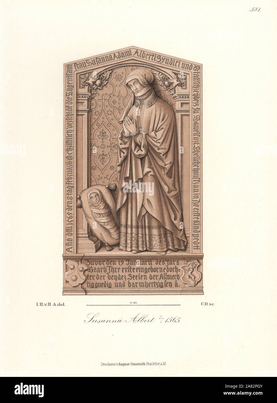 Basrelief gravestone of Susannna Albert, died 1565, wife of Adam Albert, counsel and town clerk. Chromolithograph from Hefner-Alteneck's Costumes, Artworks and Appliances from the Middle Ages to the 17th Century, Frankfurt, 1889. Illustration by Dr. Jakob Heinrich von Hefner-Alteneck, lithographed by C. Regnier. Dr. Hefner-Alteneck (1811-1903) was a German museum curator, archaeologist, art historian, illustrator and etcher. Stock Photo
