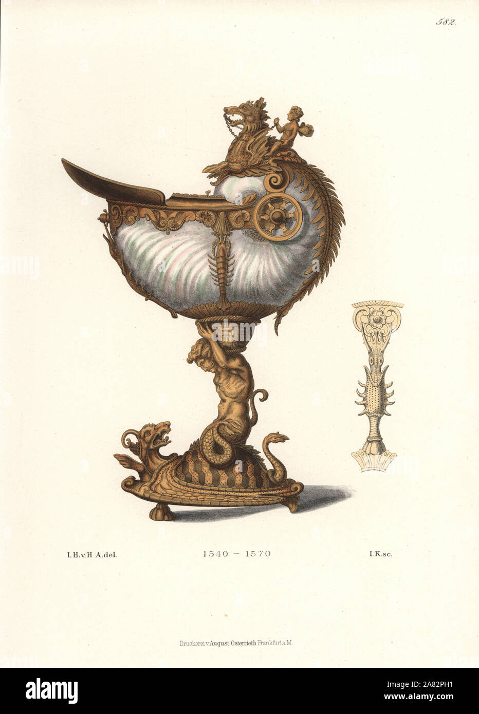 German cup made out of a nautilus shell decorated with gilded silver nautical ornaments, mid 16th century. Chromolithograph from Hefner-Alteneck's Costumes, Artworks and Appliances from the Middle Ages to the 17th Century, Frankfurt, 1889. Illustration by Dr. Jakob Heinrich von Hefner-Alteneck, lithographed by Heinrich Keller. Dr. Hefner-Alteneck (1811-1903) was a German museum curator, archaeologist, art historian, illustrator and etcher. Stock Photo
