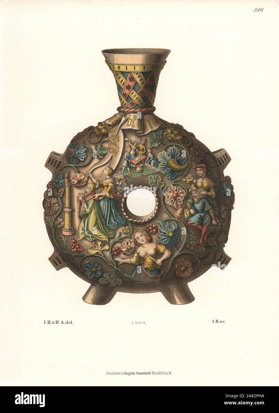 German wine jug decorated with images of Samson and Delilah, Solomon and daughters, and Dido or Lucretia with dagger. Chromolithograph from Hefner-Alteneck's Costumes, Artworks and Appliances from the Middle Ages to the 17th Century, Frankfurt, 1889. Illustration by Dr. Jakob Heinrich von Hefner-Alteneck, lithographed by Heinrich Keller. Dr. Hefner-Alteneck (1811-1903) was a German museum curator, archaeologist, art historian, illustrator and etcher. Stock Photo
