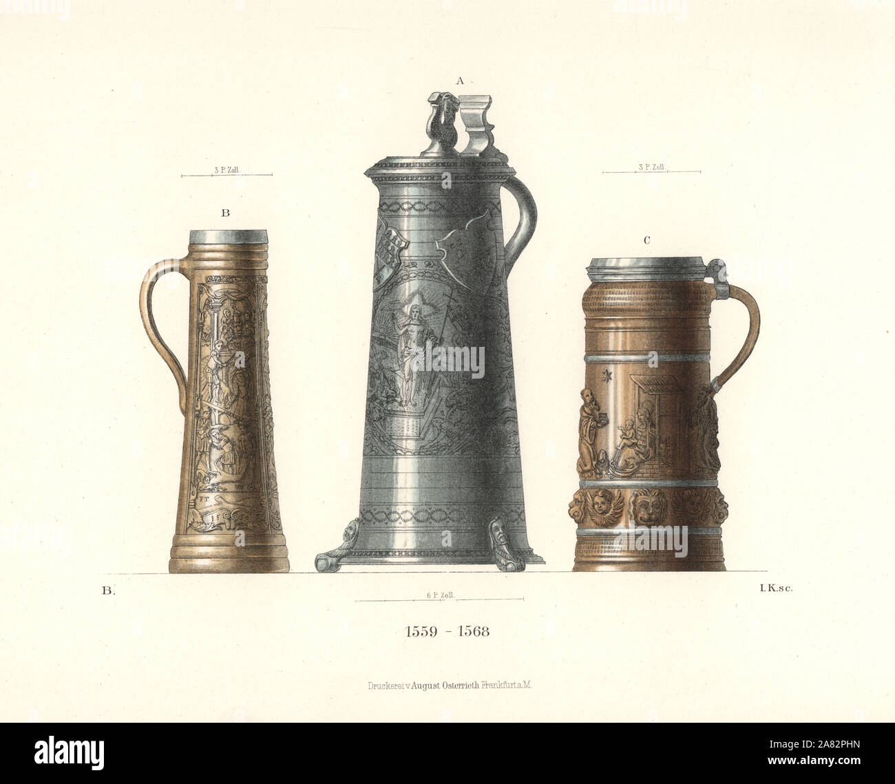 German pewter jugs and tankards from the later 16th century. Chromolithograph from Hefner-Alteneck's Costumes, Artworks and Appliances from the Middle Ages to the 17th Century, Frankfurt, 1889. Illustration by B, lithographed by Heinrich Keller. Dr. Hefner-Alteneck (1811-1903) was a German museum curator, archaeologist, art historian, illustrator and etcher. Stock Photo