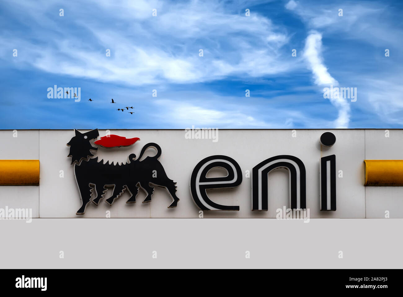 Bardolino, Italy - 10/31/2019: Eni S.p.A. in german Agip is an Italian multinational oil and gas company headquartered in Rome. Logo service station i Stock Photo