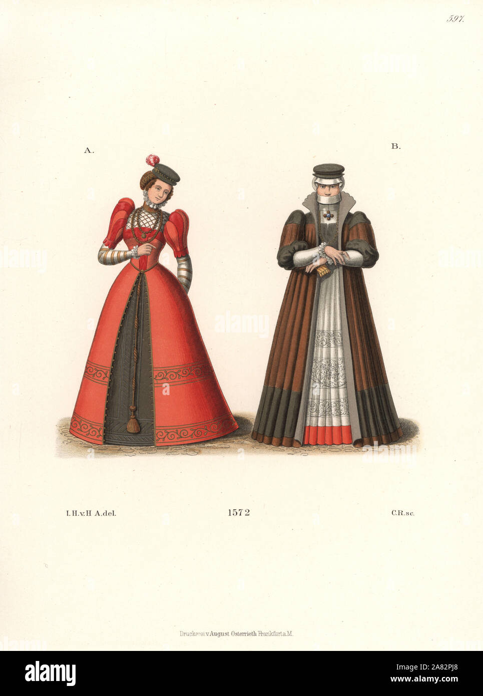 German women in dresses with big shoulder pads, 1572. Young woman in gold hairnet and plumed cap, and doctor's wife in unusual hat and veil that hides the hair, mouth and chin. From miniature enamels in Darmstadt Grand-Ducal Library. Chromolithograph from Hefner-Alteneck's Costumes, Artworks and Appliances from the Middle Ages to the 17th Century, Frankfurt, 1889. Illustration by Dr. Jakob Heinrich von Hefner-Alteneck, lithographed by C. Regnier. Dr. Hefner-Alteneck (1811-1903) was a German museum curator, archaeologist, art historian, illustrator and etcher. Stock Photo
