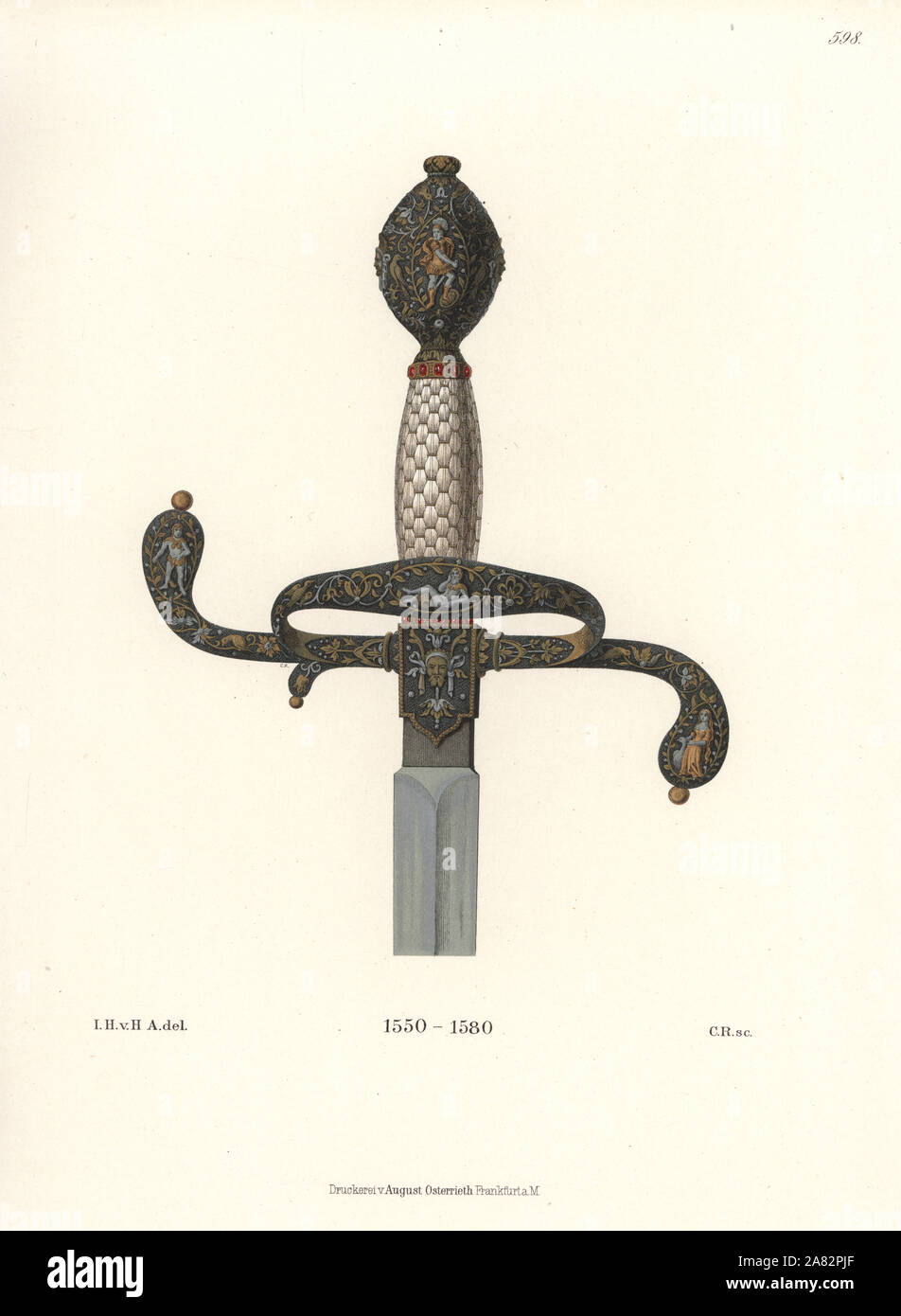 Superb sword hilt from the mid-16th century. Guard and pommel in black iron decorated with gold and silver figures, grip with mesh of gold wire in a feather pattern. Chromolithograph from Hefner-Alteneck's Costumes, Artworks and Appliances from the Middle Ages to the 17th Century, Frankfurt, 1889. Illustration by Dr. Jakob Heinrich von Hefner-Alteneck, lithographed by C. Regnier. Dr. Hefner-Alteneck (1811-1903) was a German museum curator, archaeologist, art historian, illustrator and etcher. Stock Photo
