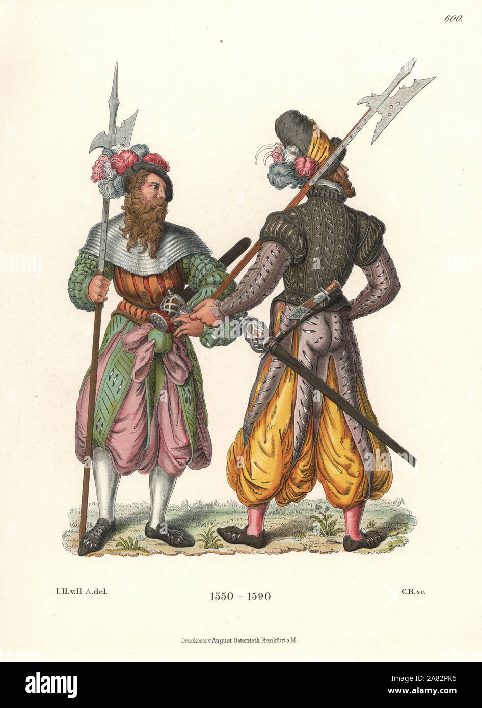 German soldiers with halberds wearing harem pants, late 16th century. Gunpowder expert with his back to us, and soldier with cap and armour collar. From color pen drawings in the possession of C. Becker of Wurzburg. Chromolithograph from Hefner-Alteneck's Costumes, Artworks and Appliances from the Middle Ages to the 17th Century, Frankfurt, 1889. Illustration by Dr. Jakob Heinrich von Hefner-Alteneck, lithographed by C. Regnier. Dr. Hefner-Alteneck (1811-1903) was a German museum curator, archaeologist, art historian, illustrator and etcher. Stock Photo