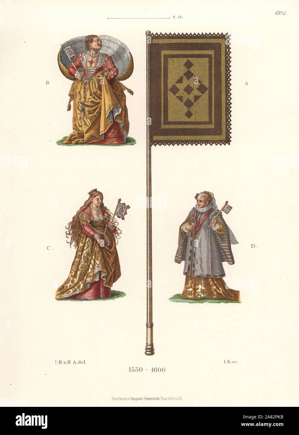 Italian woven straw fan or Ventarola A, noble Venetian woman in a shell cloak B, noble Venetian C, and noble Genoan D. After paintings in a famous costume book by Jost Amman. Chromolithograph from Hefner-Alteneck's Costumes, Artworks and Appliances from the Middle Ages to the 17th Century, Frankfurt, 1889. Illustration by Dr. Jakob Heinrich von Hefner-Alteneck, lithographed by  Johann Klipphahn. Dr. Hefner-Alteneck (1811-1903) was a German museum curator, archaeologist, art historian, illustrator and etcher. Stock Photo