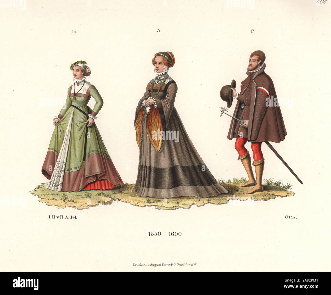 German bride from Augsburg, a maiden from Marburg, and a Stadtknecht with his symbol of office, a small axe. Chromolithograph from Hefner-Alteneck's Costumes, Artworks and Appliances from the Middle Ages to the 17th Century, Frankfurt, 1889. Illustration by Dr. Jakob Heinrich von Hefner-Alteneck, lithographed by C. Regnier. Dr. Hefner-Alteneck (1811-1903) was a German museum curator, archaeologist, art historian, illustrator and etcher. Stock Photo